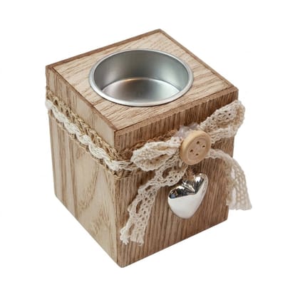 Bruin hout waxinelichthouder vierkant met kant strik en hart hanger kaars houder decoratief voor tafel en interieur geschikt voor dames en heren