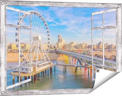 Gards Tuinposter Doorkijk Scheveningen Pier met de Ferris Wheel - Reuzenrad - 90x60 cm - Tuindoek - Tuindecoratie - Wanddecoratie buiten - Tuinschilderij