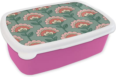 Broodtrommel Roze - Lunchbox Bloemen - Retro - Patronen - Brooddoos 18x12x6 cm - Brood lunch box - Broodtrommels voor kinderen en volwassenen