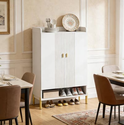 HAUSS SPOLE Schoenenkast - Smal Opbergmeubel Met 2 Deuren En 6 Lagen - Voor Hal En Slaapkamer - Hout En Metaal - 75x35x110 Cm - Wit