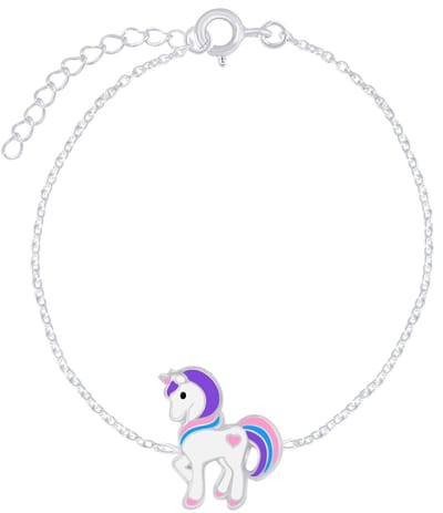 Joy|S - Zilveren eenhoorn armband - pony armband - 14 cm + 3 cm - unicorn 10 x 12 mm - met roze hartje - voor kinderen