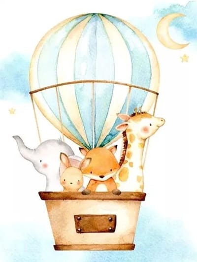 Dieren in luchtballon 40x50 - kinderkamer painting - Diamond painting - compleet pakket - volledig beplakt - ronde steentjes