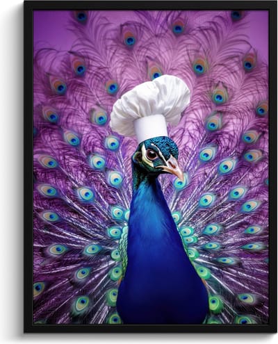 Fotolijst inclusief poster - Posterlijst 60x80 cm - Posters - Pauw - Koksmuts - Cool - Paars - Foto in lijst - Keuken decoratie muur - Wanddecoratie accessoires - Muurdecoratie - Schilderijen