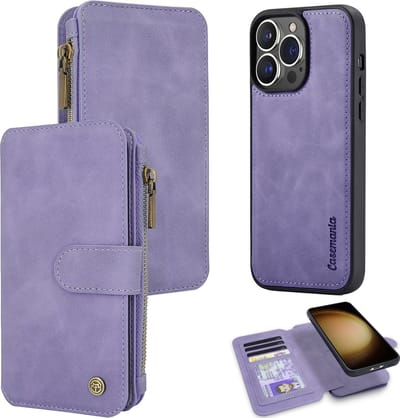 Casemania Hoesje Geschikt voor Apple iPhone 15 Pro - Bright Lila - 2 in 1 Magnetic Book Case met Rits
