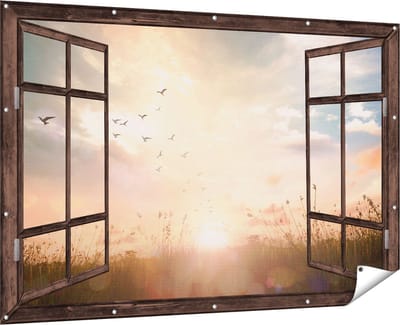 Gards Tuinposter Doorkijk Silhouet Vogels tijdens Zonsopkomst - 180x120 cm - Tuindoek - Tuindecoratie - Wanddecoratie buiten - Tuinschilderij