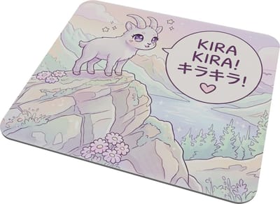 Kawaii Muismat Berggeit - Japanse Anime Stijl Berglandschap - Schattig Dier met Grote Ogen - "Kira Kira" Sparkle Illustratie - Pastel Kleuren Mousepad - Cadeau voor haar: Vriendin & Collega - Natuur Thema Bureau Accessoire - Gaming Pad