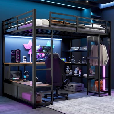 Sweiko Hoogslaper - 140 x 200 cm - Metalen frame - Met bureau - Opbergruimte - USB-aansluiting - LED-verlichting - Zwart