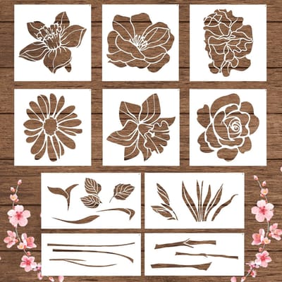 Dailygoods- Bloemsjablonen 10 Stuks - Grote Bloemenstencils - Herbruikbaar Stencil - Bladstencils - Schilderen op Hout/Muren - Materiaal: PET, Afmetingen: 30x30cm, 35x20cm, 35x15cm - Schilderstencils