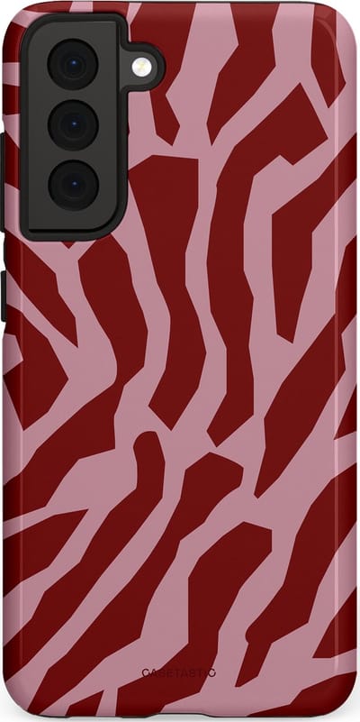 Casetastic Hoesje Geschikt voor Samsung S21 FE - Stijlvolle Beschermende Duo-layer Case - Rode Roze Framboos Zebra Strepen