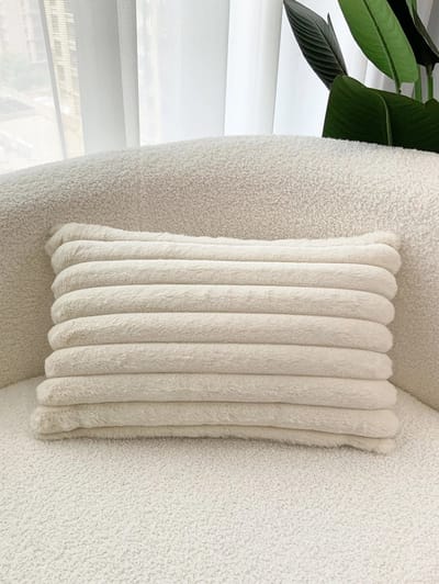 WiseGoods Luxe Pluche Kussensloop 30x50CM - Imitatiebont Sierkussenhoes - Fluffy Hoes - Kussenhoes Met Gestreepte Rand - Beige