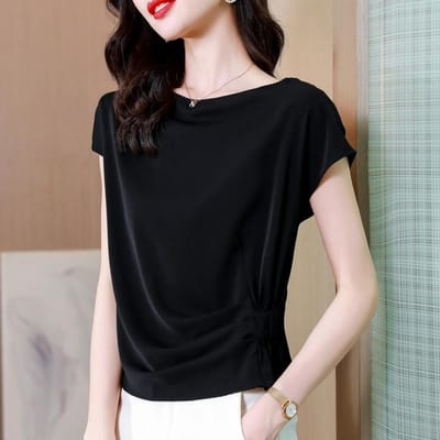Zwarte Chiffon Korte Mouwen Blouse voor Dames in de Zomer T-shirt Moederbuik Bedekking Top 2XL