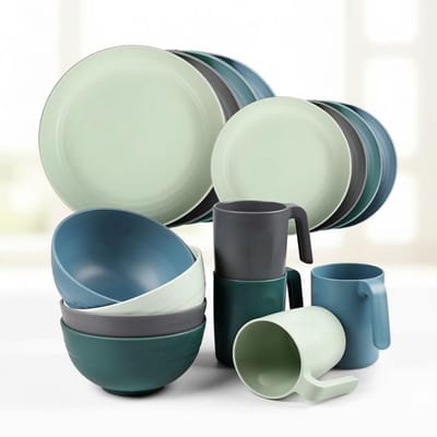 Maison Elara Onbreekbare plastic serviesset 16-delig - 4 eetborden 4 dessertborden 4 kommen 4 kopjes - Vaatwasser- en magnetronbestendig - Lichtgewicht servies voor 4 personen