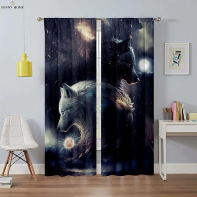 Dromerig Sterrenhemel Wolf Patroon Printgordijnen Kinderkamer Woonruimte Buiten Decoratief Stukgordijnen Huis Decoratief Stuk Stangzak W50xH140(CM)x2PCS&Rod pocket