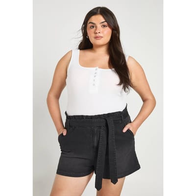boohoo Dames Plus denim shorts met papieren zak-taille | Washed Black | Maat: 46