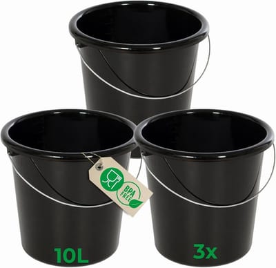 Novaliv 3 stuks emmer 10L zwart met maatverdeling - schoonmaak emmer 10 liter? 28,5 cm Praktische alleskunner met schaalverdeling voor huishouden & tuin ideaal als huishoudemmer, wateremmer, dweilemmer, emmer