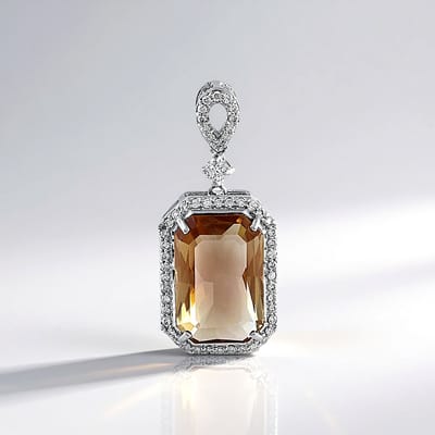 Cavill - Gouden Hanger 14k Witgoud - 5,938 ct Oregon Zonnesteen - 52 SI1 Pavé Diamanten - Luxe Achthoekige Sieraden