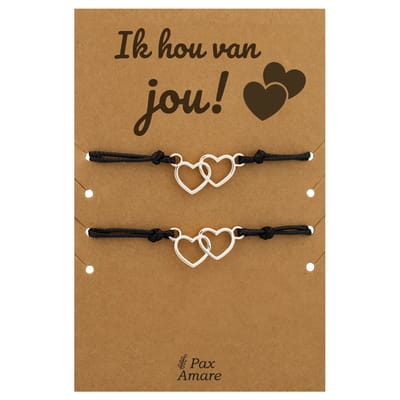 Vriendschapsarmbandjes voor 2 "Ik Hou van Jou" - Verbonden Hartjes - Koppel Armbandjes met Lief Cadeau Kaartje - Zilverkleurig - Elastisch Verstelbaar - Pax Amare