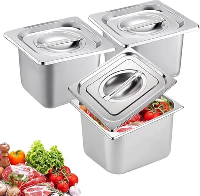 Set van 3 RVS Hotelpannen voor Breading, Catering Pannen met Deksel, Perfect voor Keuken en Buffet, 17.5 x 16.3 x 15 cm
