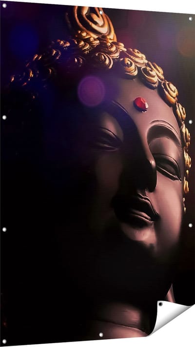 Gards Tuinposter Boeddha Beeld met Gouden Sierraden - 100x150 cm - Tuindoek - Tuindecoratie - Wanddecoratie buiten - Tuinschilderij
