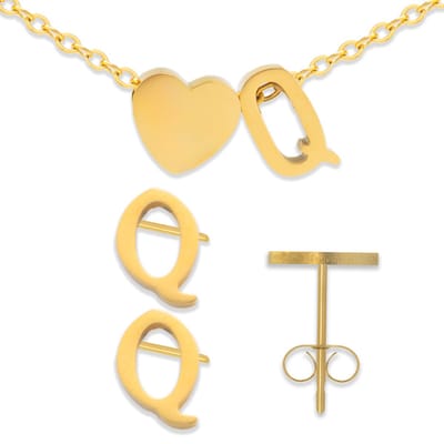 Initiaal Armband & Oorbellen set met Letter Q Goudkleurig - Stainless Steel - Met letter & Hartje! - 2x Sieraden Cadeau - Pax Amare