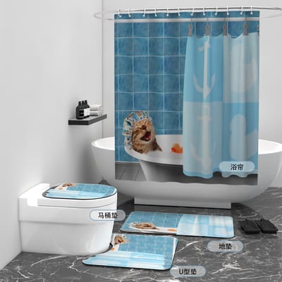 Floraweg Douchegordijn,Shower Curtain,badgordijn,badkamergordijn,De kat poes in de waskamer,-topkwaliteit - digitale printen -Anti Schimmel - Inclusief 12 ringen -met 12 stuks douchegordijnhaken – Waterdicht -Wasbaar- Polyester - 180x200 cm