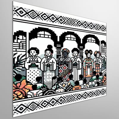 Pixel art dikke dames schilderij | Gezellige pixel vrouwen, gecreëerd met artistieke precisie en flair | Kunst - 20x20 centimeter op Dibond | Foto op Dibond