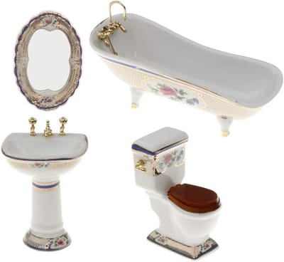 Poppenhuis Badkamer Set - Miniatuur Meubels - Poppenhuis Decoratie - Keramische Stijl - 1/12 Schaal - Wit