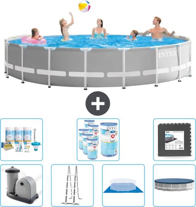 Intex Rond Prism Frame Zwembad - 548 x 122 cm - Grijs - Inclusief Pomp - Ladder - Grondzeil - Afdekzeil Onderhoudspakket - Filters - Vloertegels