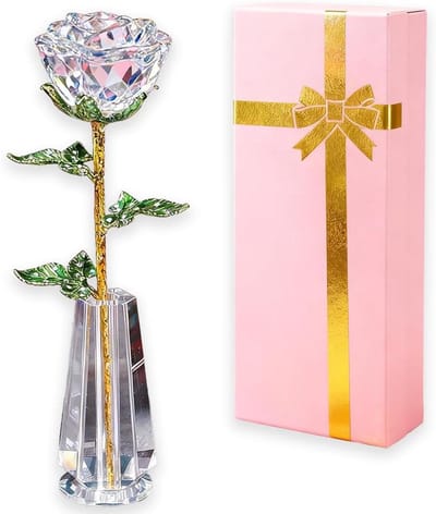 Kristallen Roos - Eeuwige Bloem - Romantisch Cadeau - Handgemaakt K9 Kristal - 24 cm Hoog - Wit