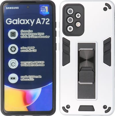 Samsung Galaxy A72 5G Hoesje - Tough Armor Hardcase – Telefoonhoesje Met Standfunctie – Bestcases Backcover - Zilver