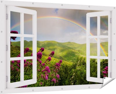 Gards Tuinposter Doorkijk Regenboog in de Heuvel Bossen - 180x120 cm - Tuindoek - Tuindecoratie - Wanddecoratie buiten - Tuinschilderij
