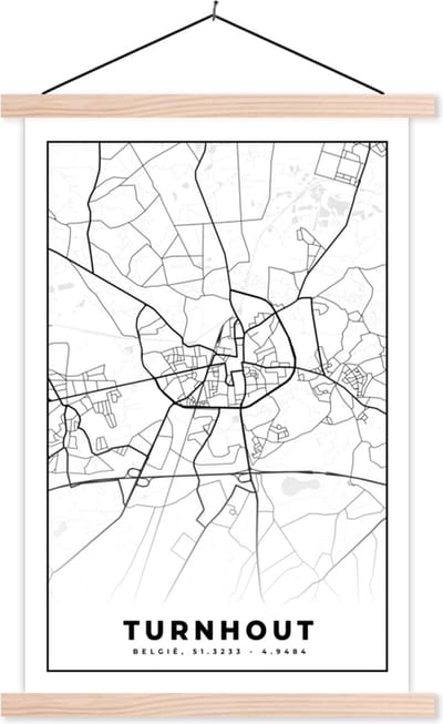 Posterhanger incl. Poster 40x60 cm - Schoolplaat - Stadskaart – Zwart Wit - Kaart – Turnhout – België – Plattegrond - Textielposter - Blanke latten - Stadskaart