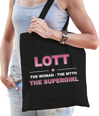 Naam cadeau Tasje voor Lott - The woman, The myth the supergirl - katoenen - zwart - verjaardag - moederdag - collega - vriendin