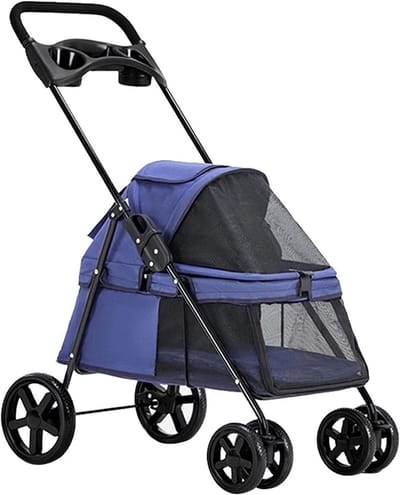 Kinderwagen Huisdieren - Hondenbuggy Kattenwagen - Comfortabel Vervoer - Inclusief Regenhoes - Max 15KG - Blauw