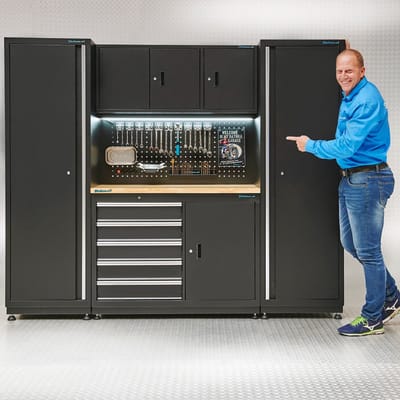 Datona® Werkbank 120 cm met gereedschapsbord en werkplaatskasten - Zwart