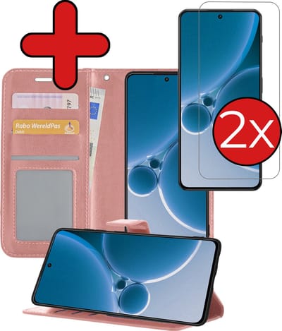 Hoesje - Met 2x Screenprotector - Geschikt voor OnePlus Nord 3 - Luxe Pasjeshouder - Flip Case - Bookcase Portemonee - Kunstleer Book Case - Flipcase Hoes - Book Cover - Walletcase - Portemonneehoes - Telefoonhoes - Rosé goud
