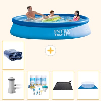 Intex Rond Opblaasbaar Easy Set Zwembad - 366 x 76 cm - Blauw - Inclusief Pomp - Onderhoudspakket - Solar Mat - Grondzeil - Solarzeil - 6-delig