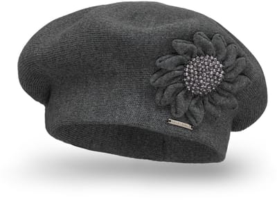 Vivisence Dames Winter Baret - Wolmix Met Klassieke Stijl En Bloemenapplicatie Voor Een Elegante Look - Comfortabele Pasvorm Met Warmte Op Koude Dagen Ideaal Voor Dagelijks Gebruik En Cadeau - Donkergrijs