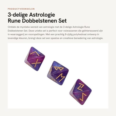 Dailygoods- Dobbelstenen Set - 3-delige Runendobbelstenen - 8-zijdig Polyhedraal - Acryl Materiaal - Astrologie Thema - Individuele Waarzeggerij - Werpdobbelstenen