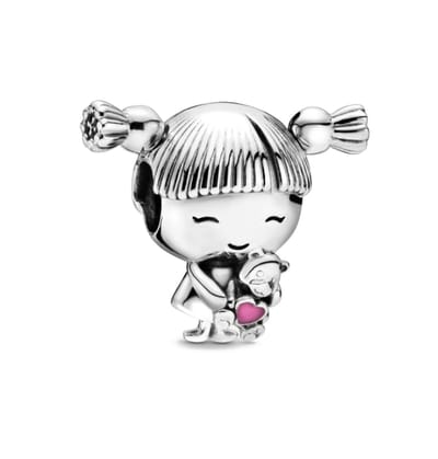 Fler® | Bedel | Past op populaire bedel armbanden (standaard-3mm) | armbandbedel | Little girl bedel | Klein meisje | Dochter | Teddybeer | Vlechtjes | Hangbedel Charm | 925 Sterling Zilver | Emaille zwart, roze | Armband Kraal | Valentijn kado