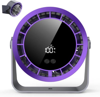 Bureauventilator, stille bureauventilator, mini USB-ventilator, 3600mAh oplaadbare batterij, 360° draaibaar, LED-display, geschikt voor slaapkamers, kantoren, camping, thuis, enz. - Zwart