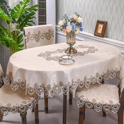 Ovale tafelkleed wit satijnen geborduurde vouw theetafel Europa eettafelhoes tafelkleed tafel kant stofhoes stoelhoes 130X175cm Oval white
