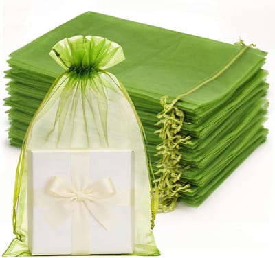 Grote Sage Groene Organza Tassen, 17 x 23 cm, Ideaal voor Trouwen, Cadeaus en Feestjes, 50 Stuks, Trektouw