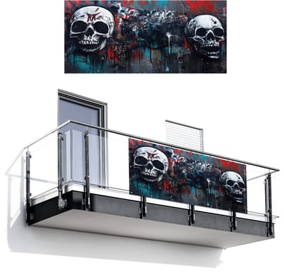 Balkonscherm 200x90 cm - Balkonposter Schedels - Graffiti - Abstract - Balkon scherm decoratie - Balkonschermen - Balkondoek zonnescherm