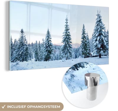 MuchoWow® Glasschilderij 40x20 cm - Schilderij acrylglas - Winter - Sneeuw - Bomen - Foto op glas - Schilderijen