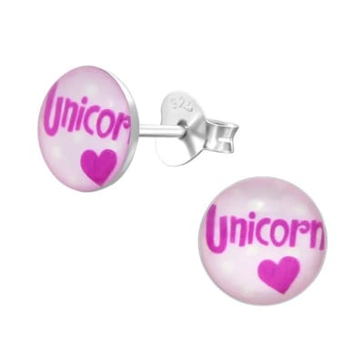 Aramat Jewels | Oorbellen | Ronde Zilveren Oorbellen - Unicorn Tekst & Roze Acryl | | | |7mm | Zilver | Kinderen | Verkleurd niet