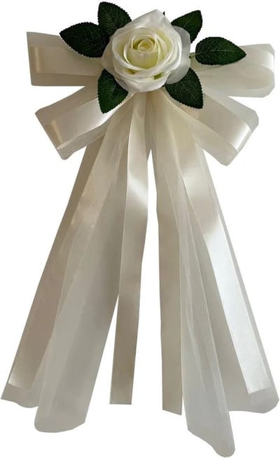 autodeco.nl SIA ECRU Handvatten Decoratie 4 stuks - Trouwauto Versiering - Ecru Rozen met Linten en Tule - Bloemen voor op de Handvatten - Versiering Handvat Auto - Autoversiering voor Volgauto's