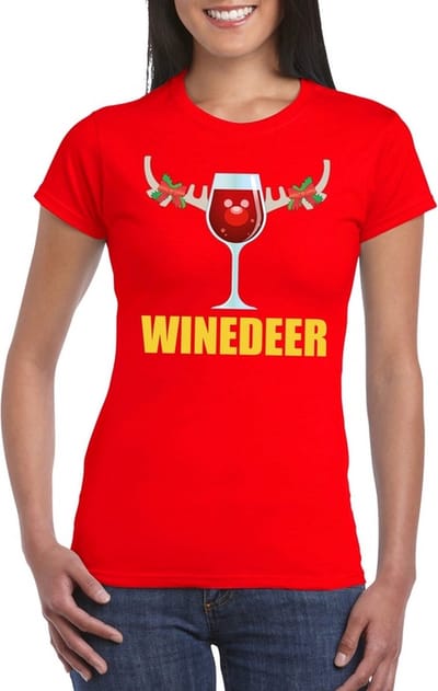 Bellatio Decorations Foute Kerst t-shirts - Wijntje - Winedeer - rood - voor dames - Kerstkleding truien S