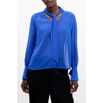 French Connection Georgette Long Sleeve Tie Neck Blouse Chroma Blue Größe: XS | Blusen Outlet | Damen | Blau