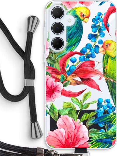Case Company® - Hoesje met koord geschikt voor Samsung Galaxy A35 hoesje met Koord - Papegaaien - Telefoonhoesje met Zwart Koord - Bescherming aan alle Kanten en Over de Schermrand